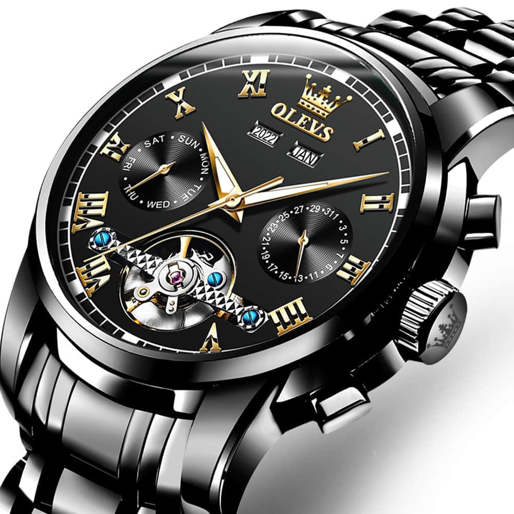 OLEVS 6607 Classic Open Heart Automatic Mechanical Watch for Men - All Black Watch | Olevs Watch Store