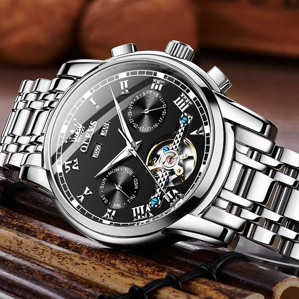 OLEVS 6607 Classic Open Heart Automatic Mechanical Watch for Men - All Black Watch | Olevs Watch Store
