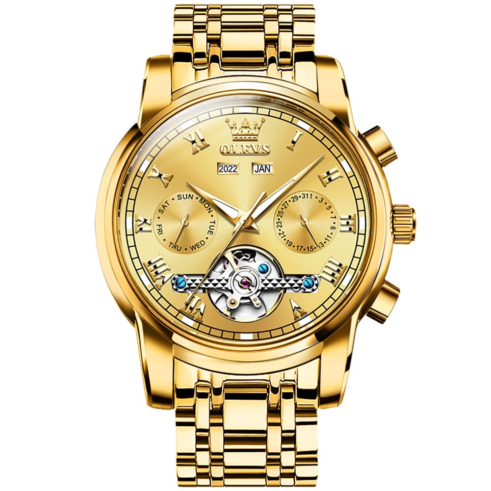 OLEVS 6607 Classic Open Heart Automatic Mechanical Watch for Men - All Gold Watch | Olevs Watch Store