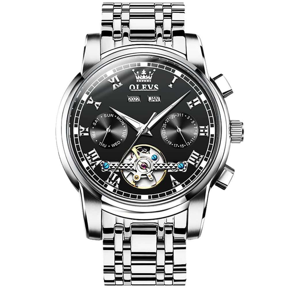 OLEVS 6607 Classic Open Heart Automatic Mechanical Watch for Men - Silver Black Watch | Olevs Watch Store