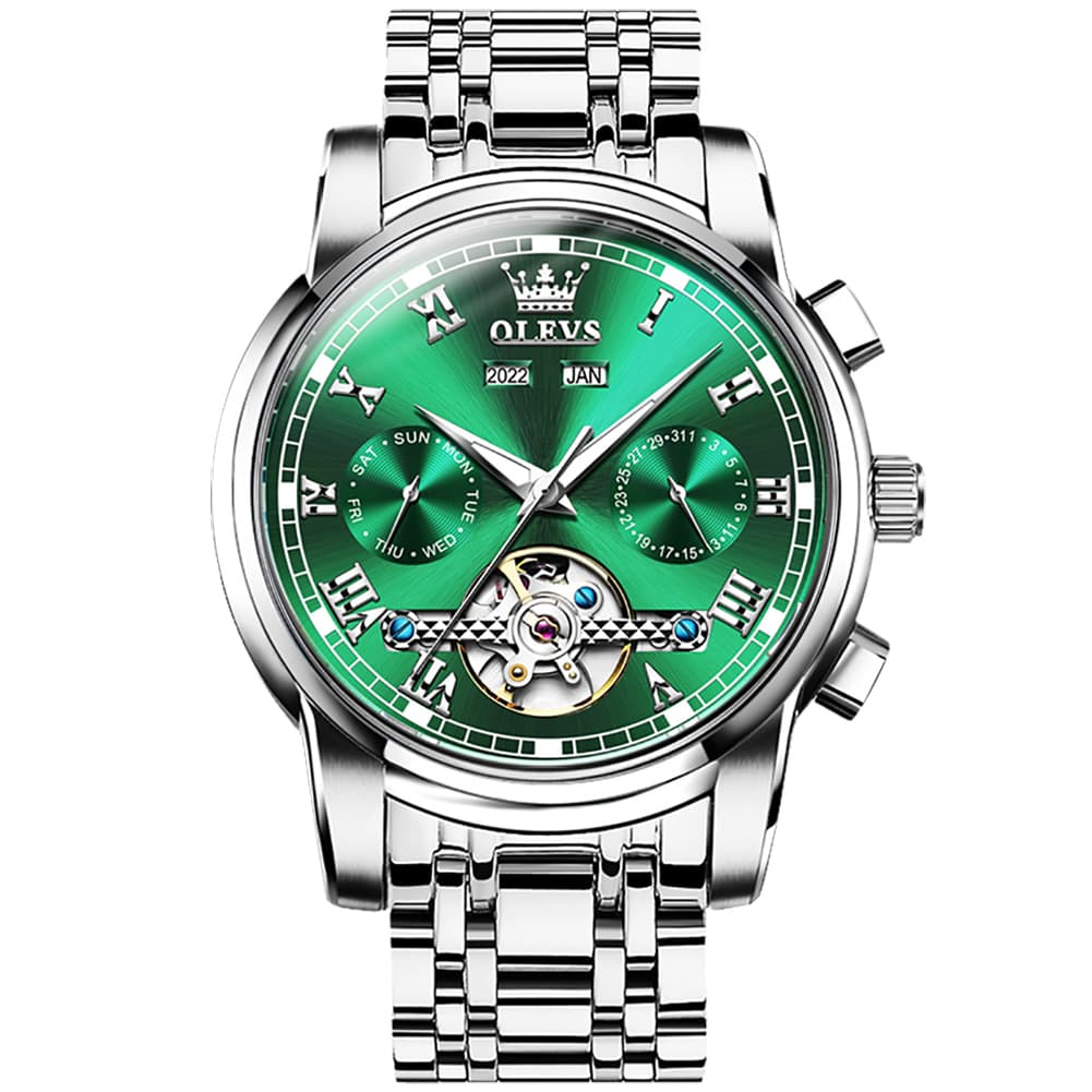 OLEVS 6607 Classic Open Heart Automatic Mechanical Watch for Men - Silver Green Watch | Olevs Watch Store