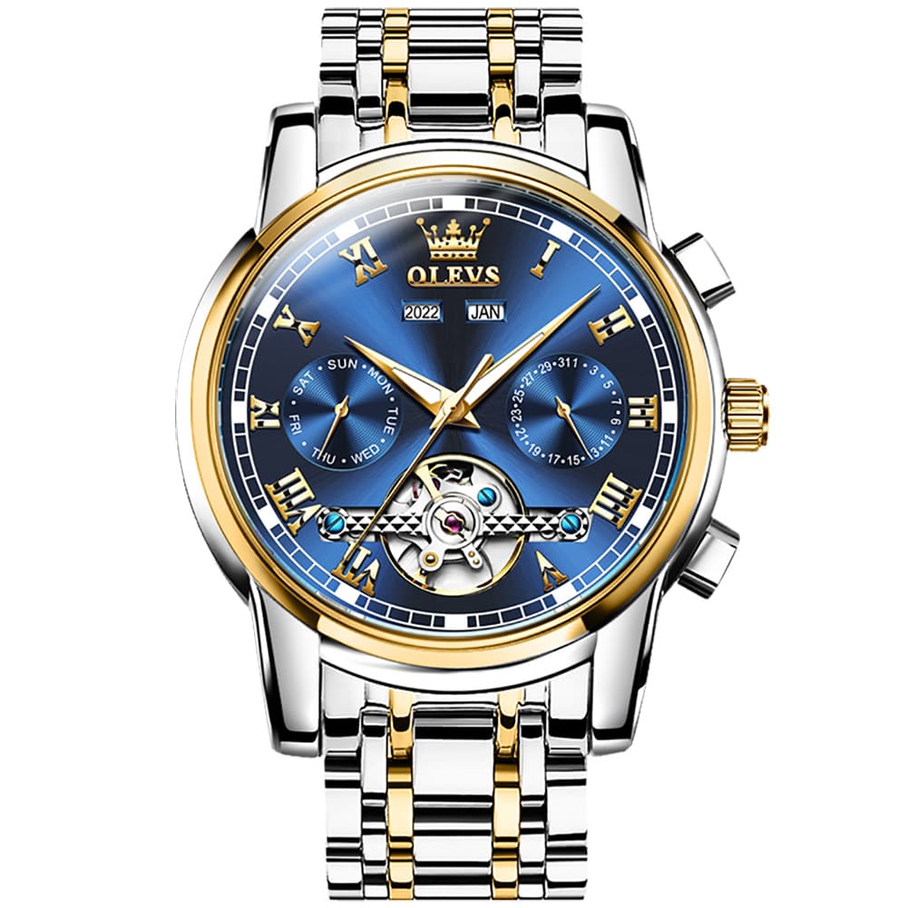 OLEVS 6607 Classic Open Heart Automatic Mechanical Watch for Men - Two-Tone Blue Watch | Olevs Watch Store