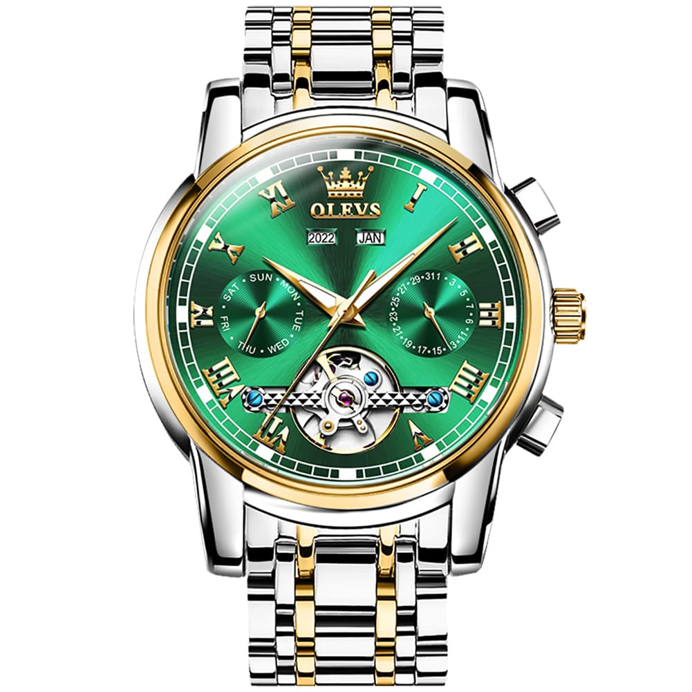 OLEVS 6607 Classic Open Heart Automatic Mechanical Watch for Men - Two-Tone Green Watch | Olevs Watch Store