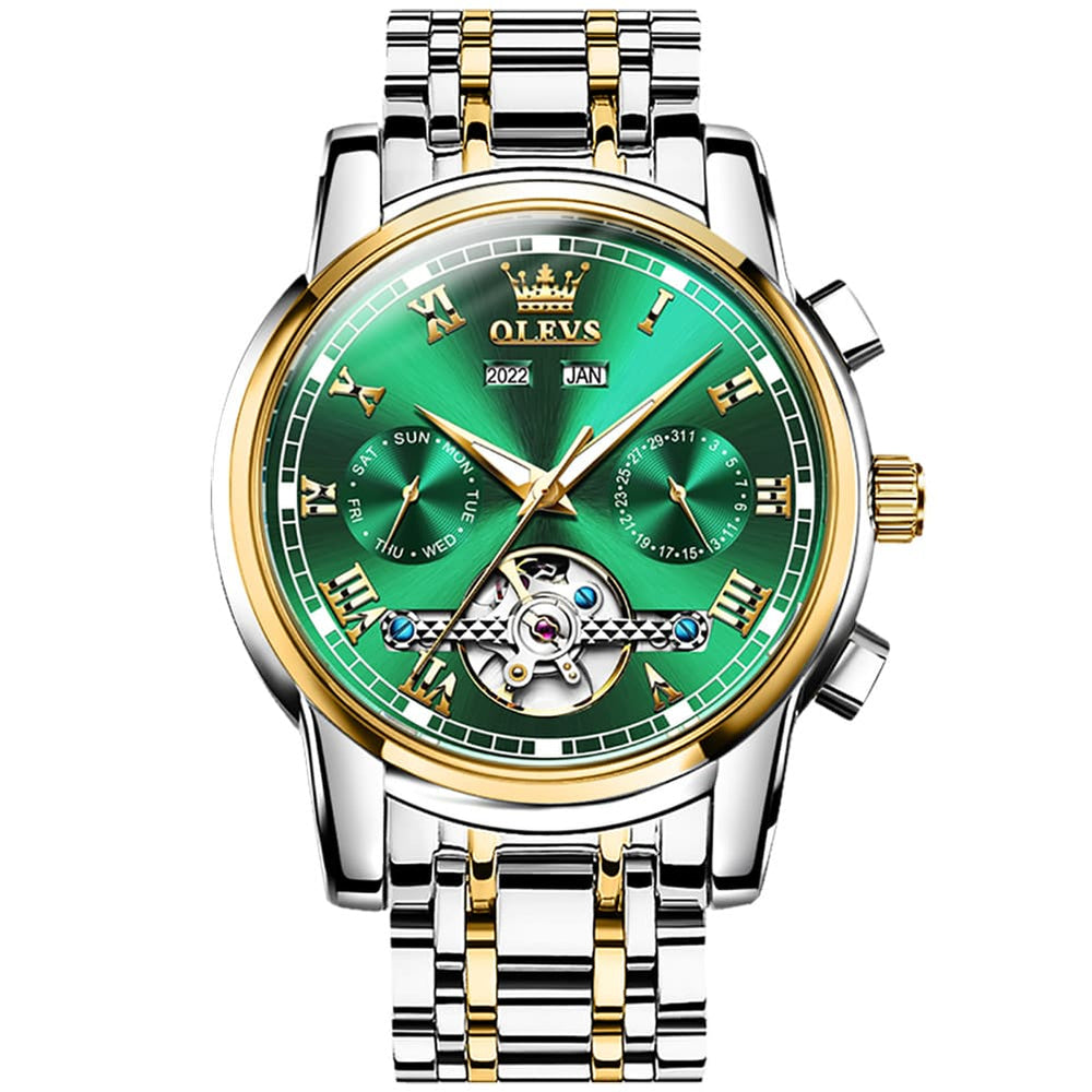 OLEVS 6607 Classic Open Heart Automatic Mechanical Watch for Men - Two-Tone Green Watch | Olevs Watch Store