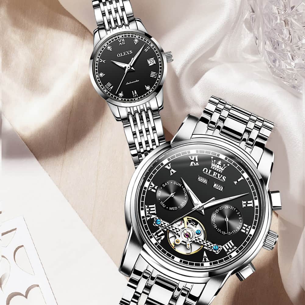 OLEVS 6607 Open Heart Automatic Mechanical Couple Watch Set - Mixed Black Silver Gold Watch | Olevs Watch Store
