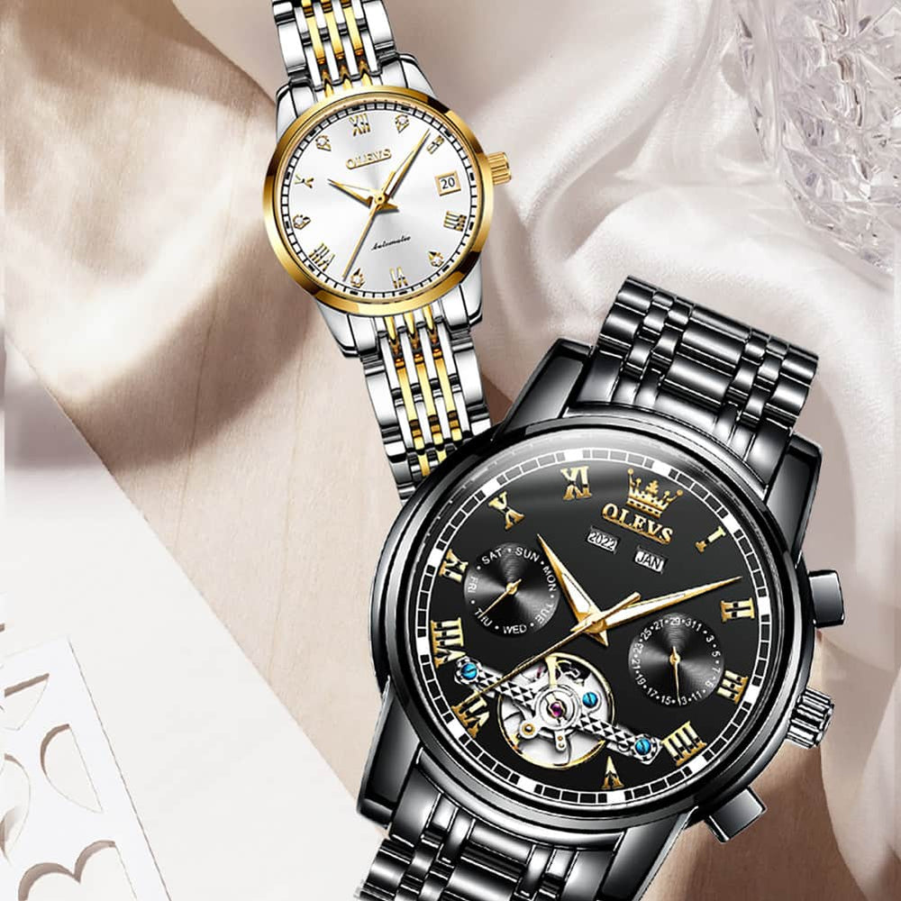 OLEVS 6607 Open Heart Automatic Mechanical Couple Watch Set - Mixed Black Silver Gold Watch | Olevs Watch Store