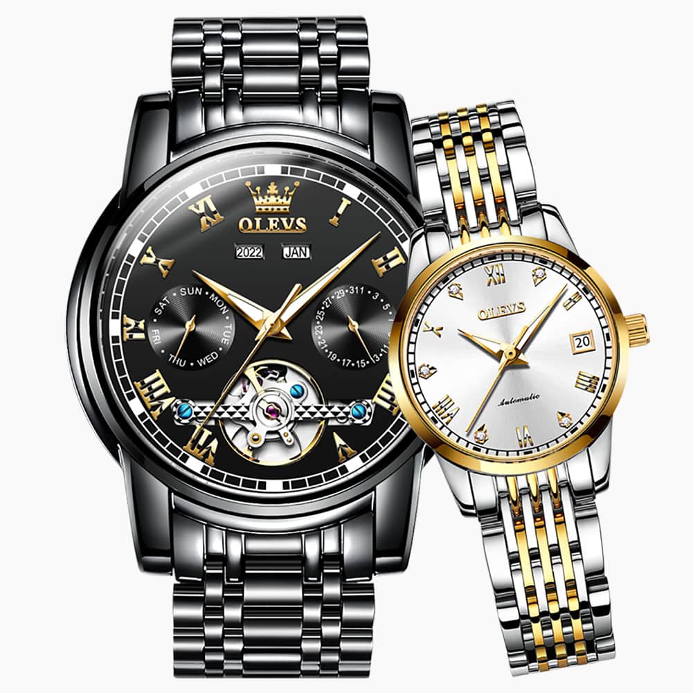 OLEVS 6607 Open Heart Automatic Mechanical Couple Watch Set - Mixed Black Silver Gold Watch | Olevs Watch Store