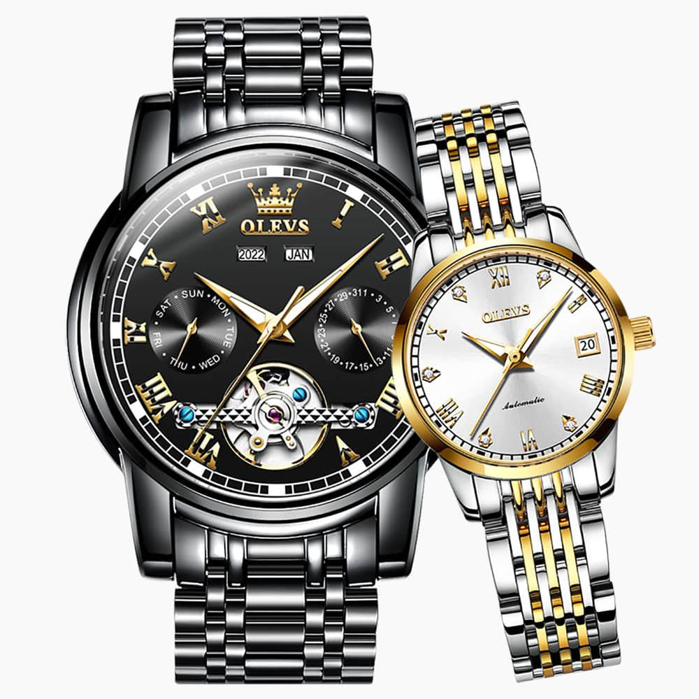 OLEVS 6607 Open Heart Automatic Mechanical Couple Watch Set - Mixed Black Silver Gold Watch | Olevs Watch Store
