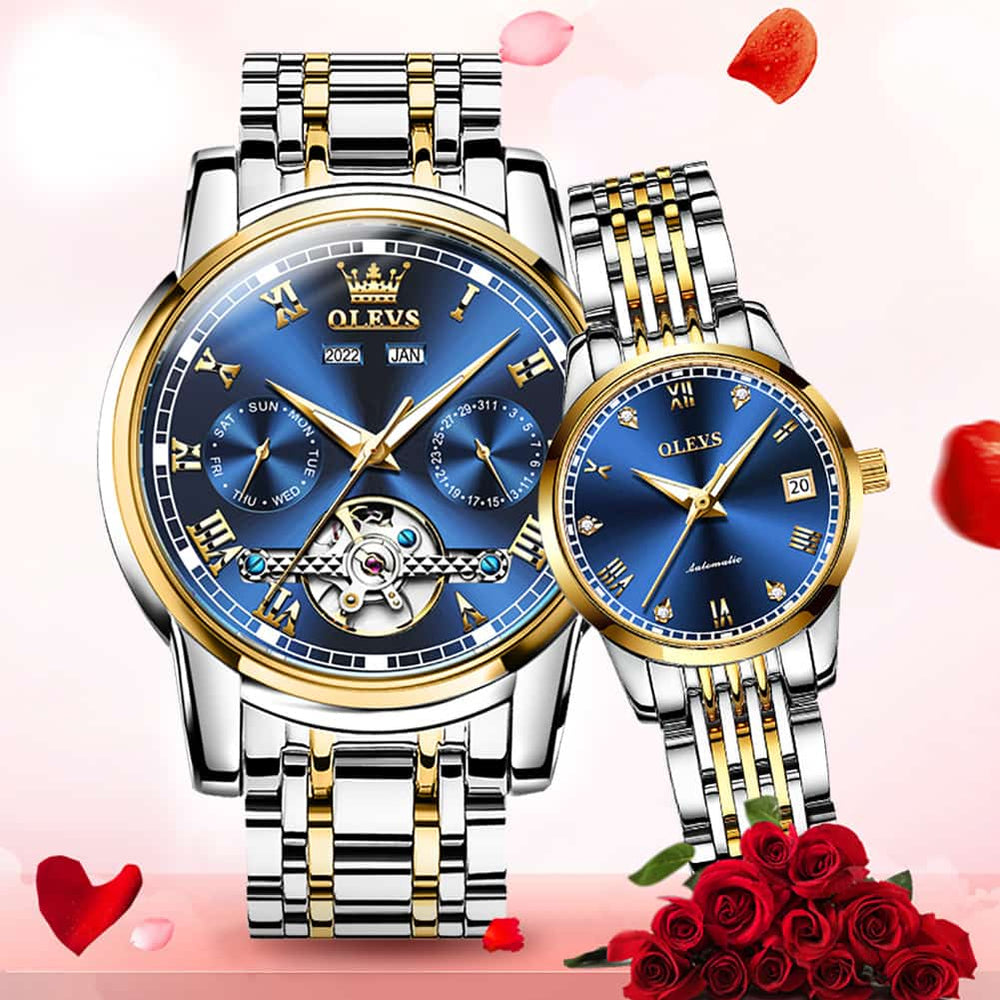 OLEVS 6607 Open Heart Automatic Mechanical Couple Watch Set - Mixed Black Silver Gold Watch | Olevs Watch Store