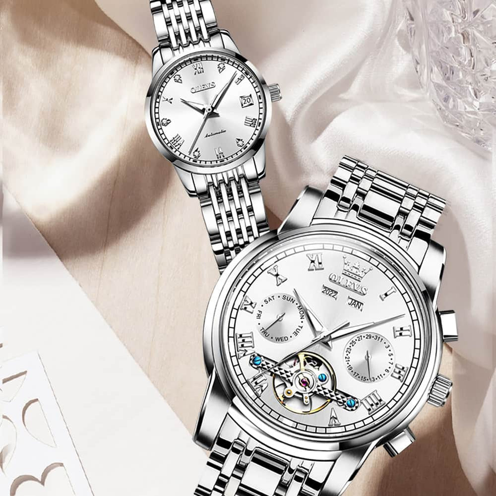 OLEVS 6607 Open Heart Automatic Mechanical Couple Watch Set - Mixed Black Silver Gold Watch | Olevs Watch Store