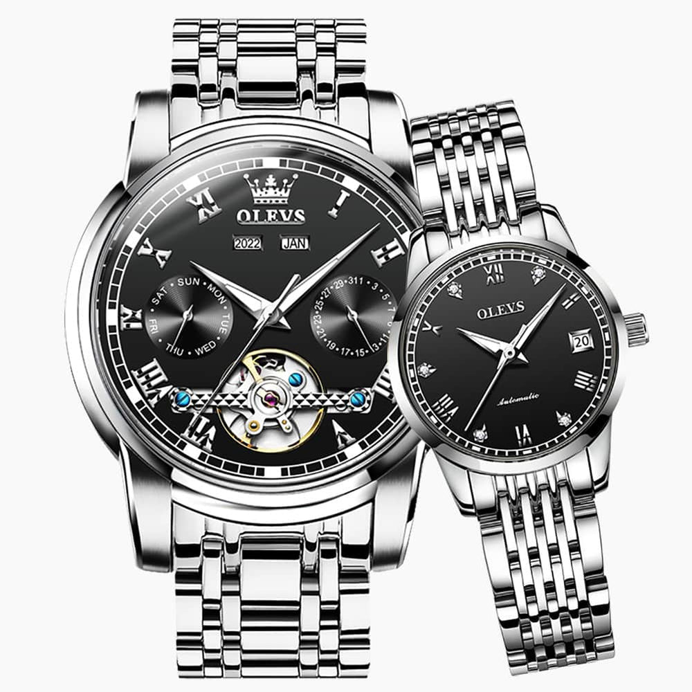 OLEVS 6607 Open Heart Automatic Mechanical Couple Watch Set - Matching Silver Black Watch | Olevs Watch Store