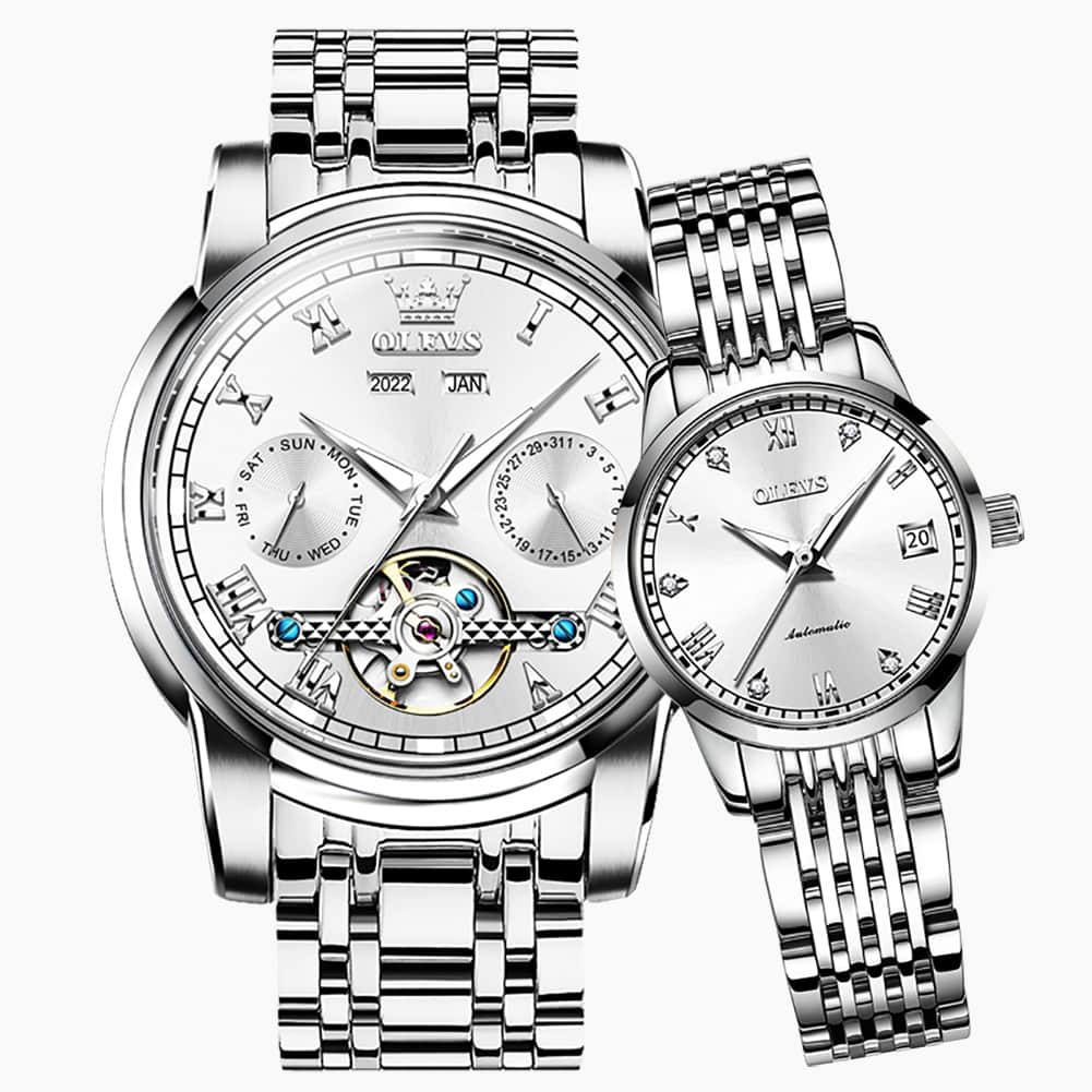 OLEVS 6607 Open Heart Automatic Mechanical Couple Watch Set - Matching Silver White Watch | Olevs Watch Store