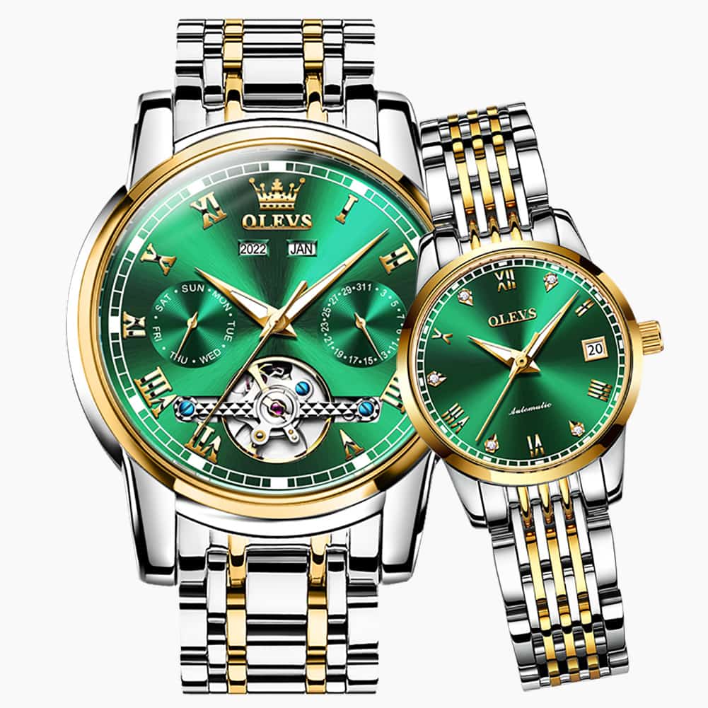 OLEVS 6607 Open Heart Automatic Mechanical Couple Watch Set - Matching Two-Tone Green Watch | Olevs Watch Store