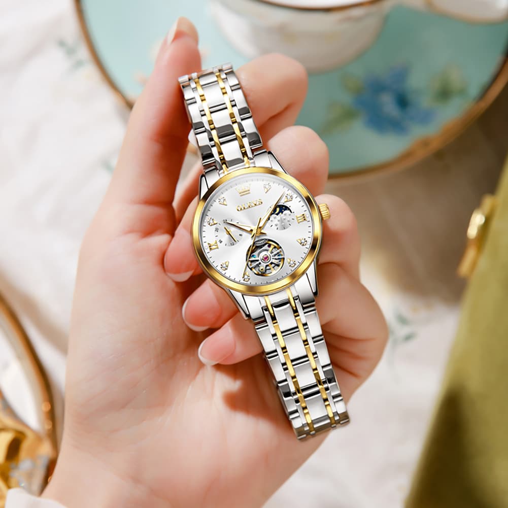 OLEVS 6608 Automatic Mechanical Open Heart Watch for Women - Silver White Watch | Olevs Watch Store