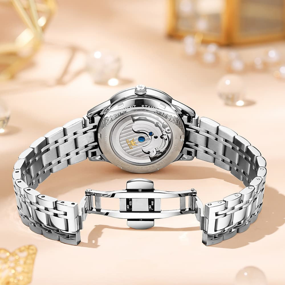 OLEVS 6608 Automatic Mechanical Open Heart Watch for Women - Silver White Watch | Olevs Watch Store