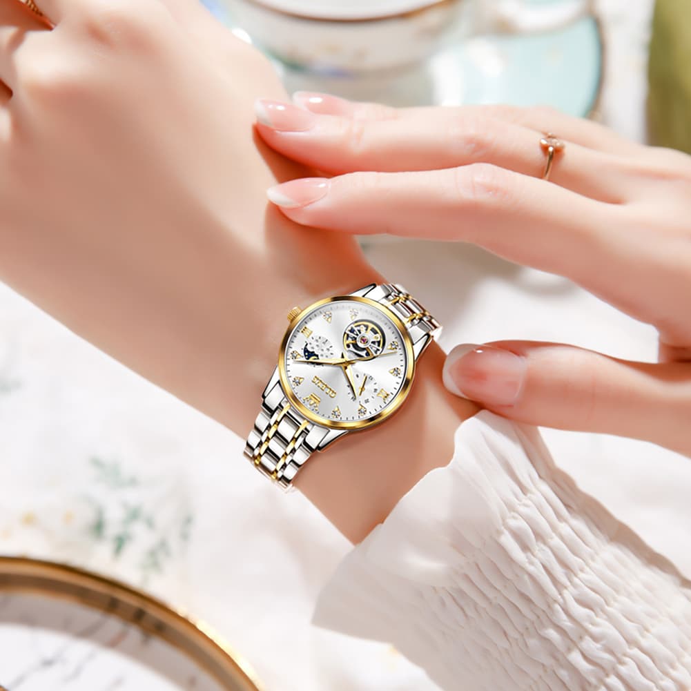OLEVS 6608 Automatic Mechanical Open Heart Watch for Women - Silver White Watch | Olevs Watch Store