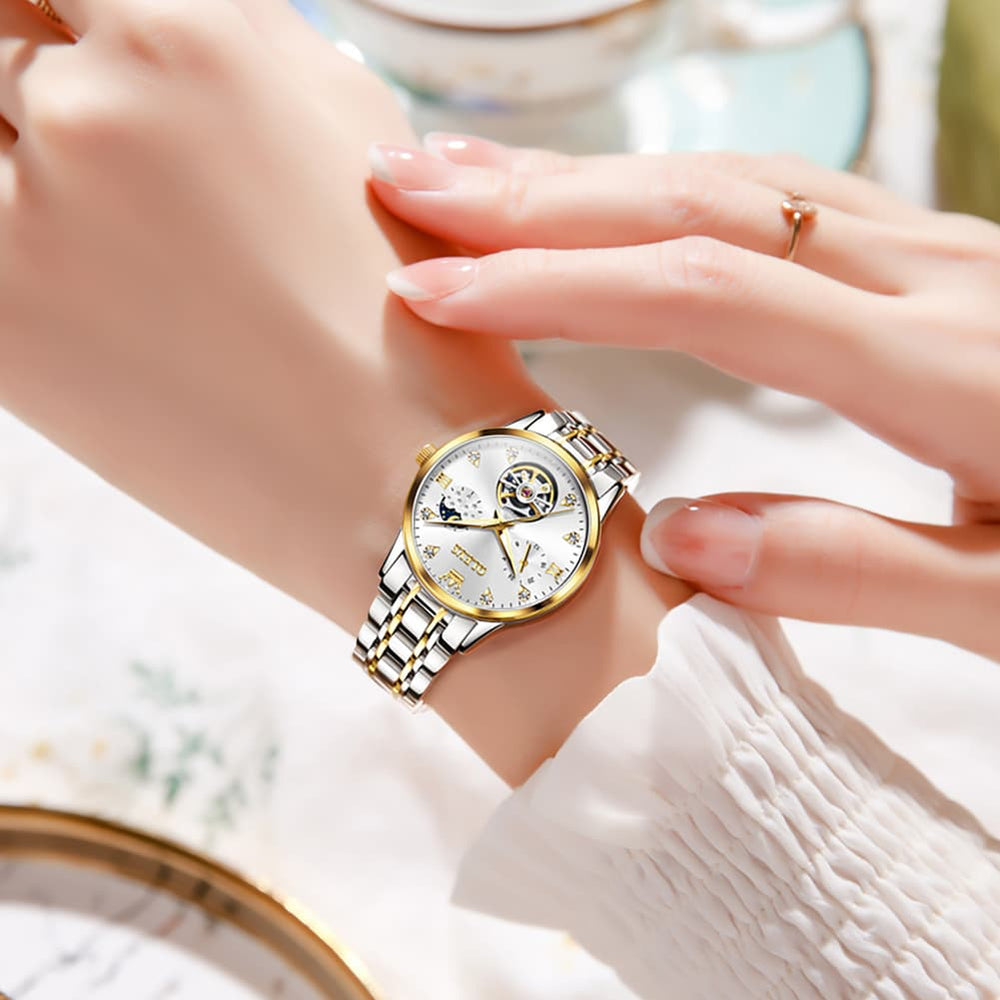 OLEVS 6608 Automatic Mechanical Open Heart Watch for Women - Silver White Watch | Olevs Watch Store