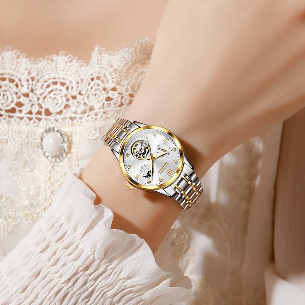 OLEVS 6608 Automatic Mechanical Open Heart Watch for Women - Silver White Watch | Olevs Watch Store