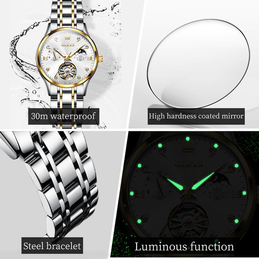 OLEVS 6608 Automatic Mechanical Open Heart Watch for Women - Silver White Watch | Olevs Watch Store