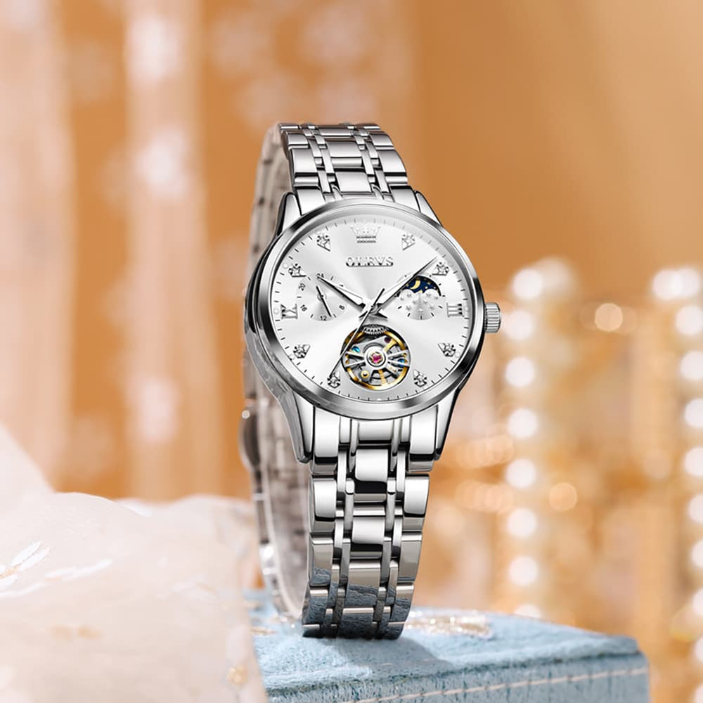 OLEVS 6608 Automatic Mechanical Open Heart Watch for Women - Silver White Watch | Olevs Watch Store