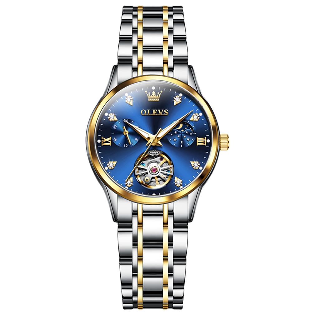 OLEVS 6608 Automatic Mechanical Open Heart Watch for Women - Two Tone Blue Watch | Olevs Watch Store