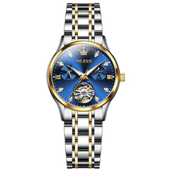 OLEVS 6608 Automatic Mechanical Open Heart Watch for Women - Two Tone Blue Watch | Olevs Watch Store