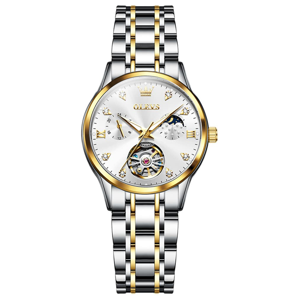 OLEVS 6608 Automatic Mechanical Open Heart Watch for Women - Two Tone White Watch | Olevs Watch Store