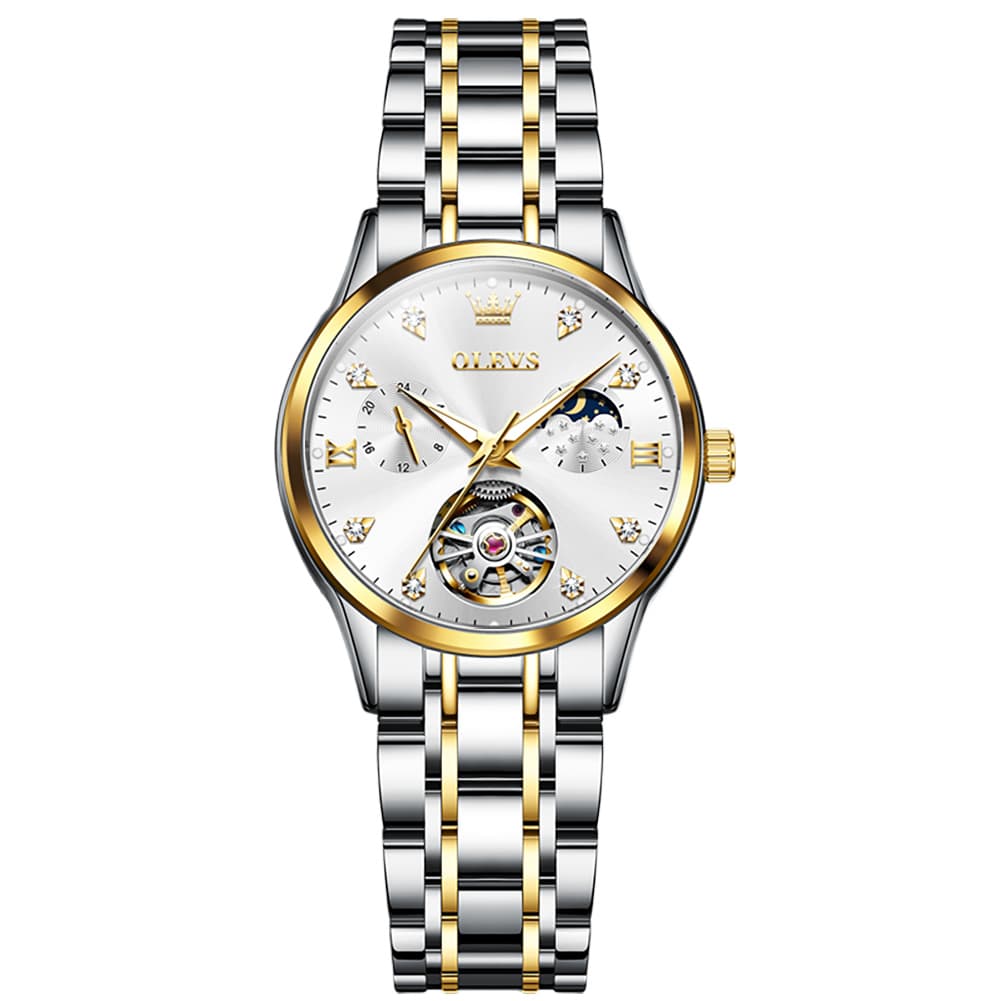 OLEVS 6608 Automatic Mechanical Open Heart Watch for Women - Two Tone White Watch | Olevs Watch Store