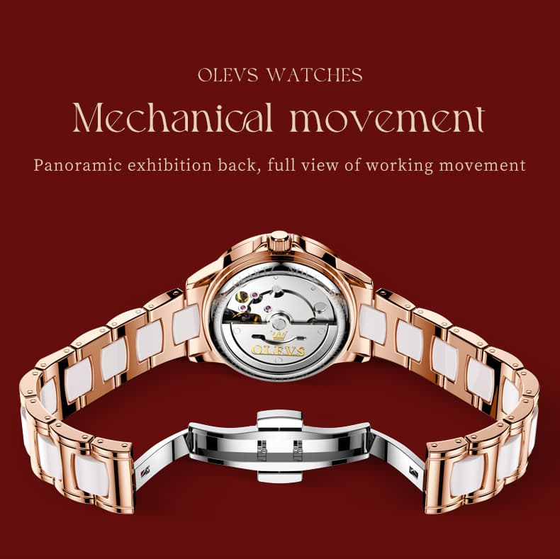 OLEVS 6610 Automatic Mechanical Ceramic Dragonfly Watch for Women - Rose Gold Red Watch | Olevs Watch Store