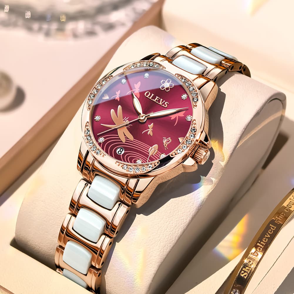 OLEVS 6610 Automatic Mechanical Ceramic Dragonfly Watch for Women - Rose Gold Red Watch | Olevs Watch Store