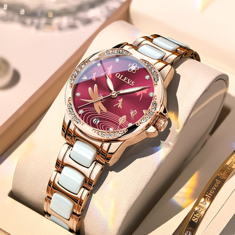 OLEVS 6610 Automatic Mechanical Ceramic Dragonfly Watch for Women - Rose Gold Red Watch | Olevs Watch Store