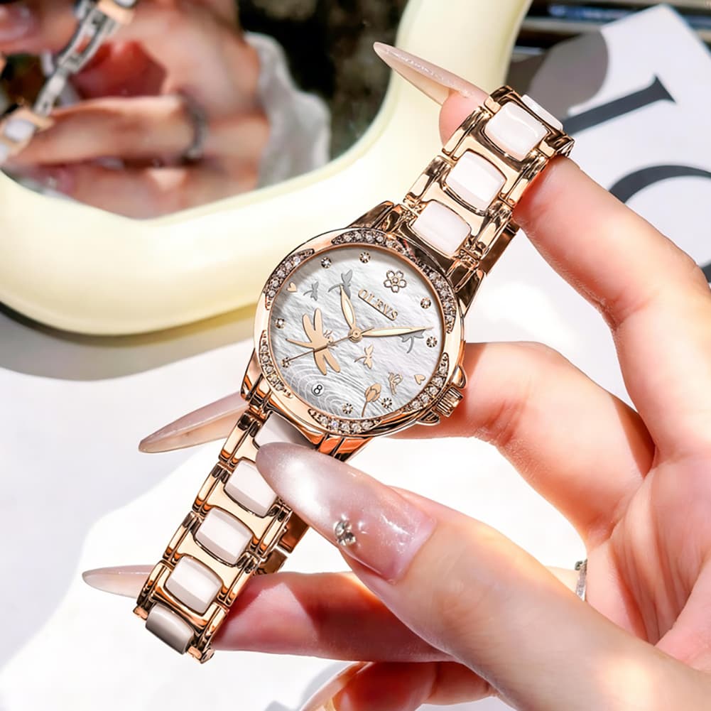 OLEVS 6610 Automatic Mechanical Ceramic Dragonfly Watch for Women - Rose Gold Red Watch | Olevs Watch Store