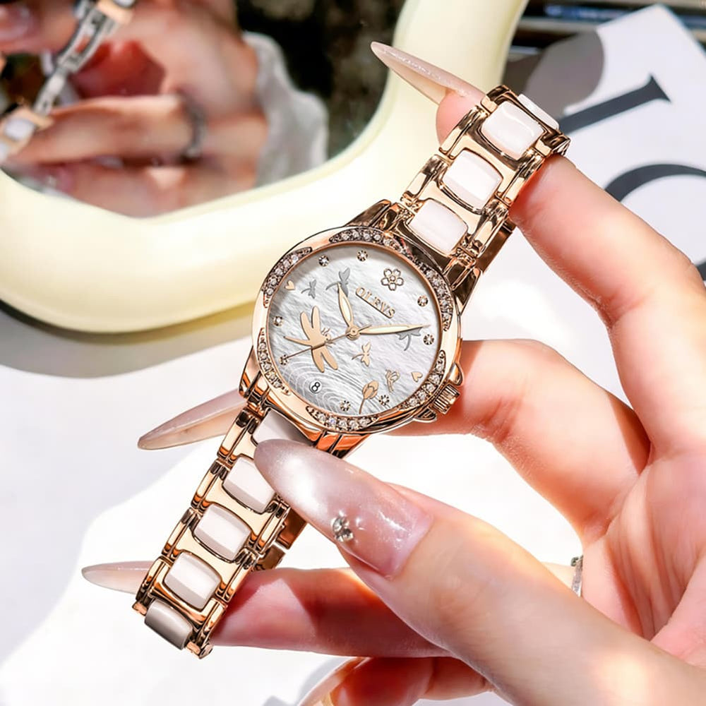 OLEVS 6610 Automatic Mechanical Ceramic Dragonfly Watch for Women - Rose Gold Red Watch | Olevs Watch Store