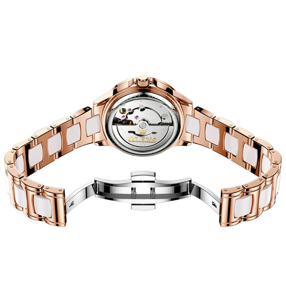 OLEVS 6610 Automatic Mechanical Ceramic Dragonfly Watch for Women - Rose Gold Red Watch | Olevs Watch Store