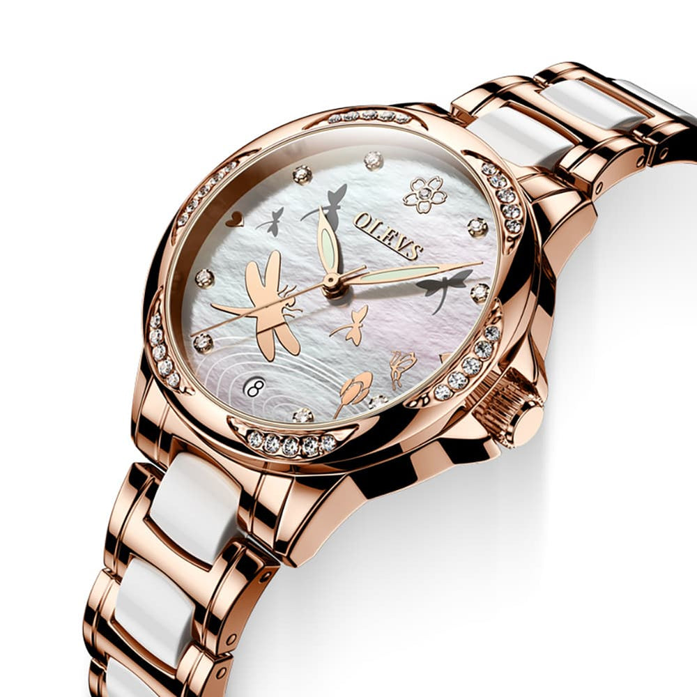 OLEVS 6610 Automatic Mechanical Ceramic Dragonfly Watch for Women - Rose Gold Red Watch | Olevs Watch Store