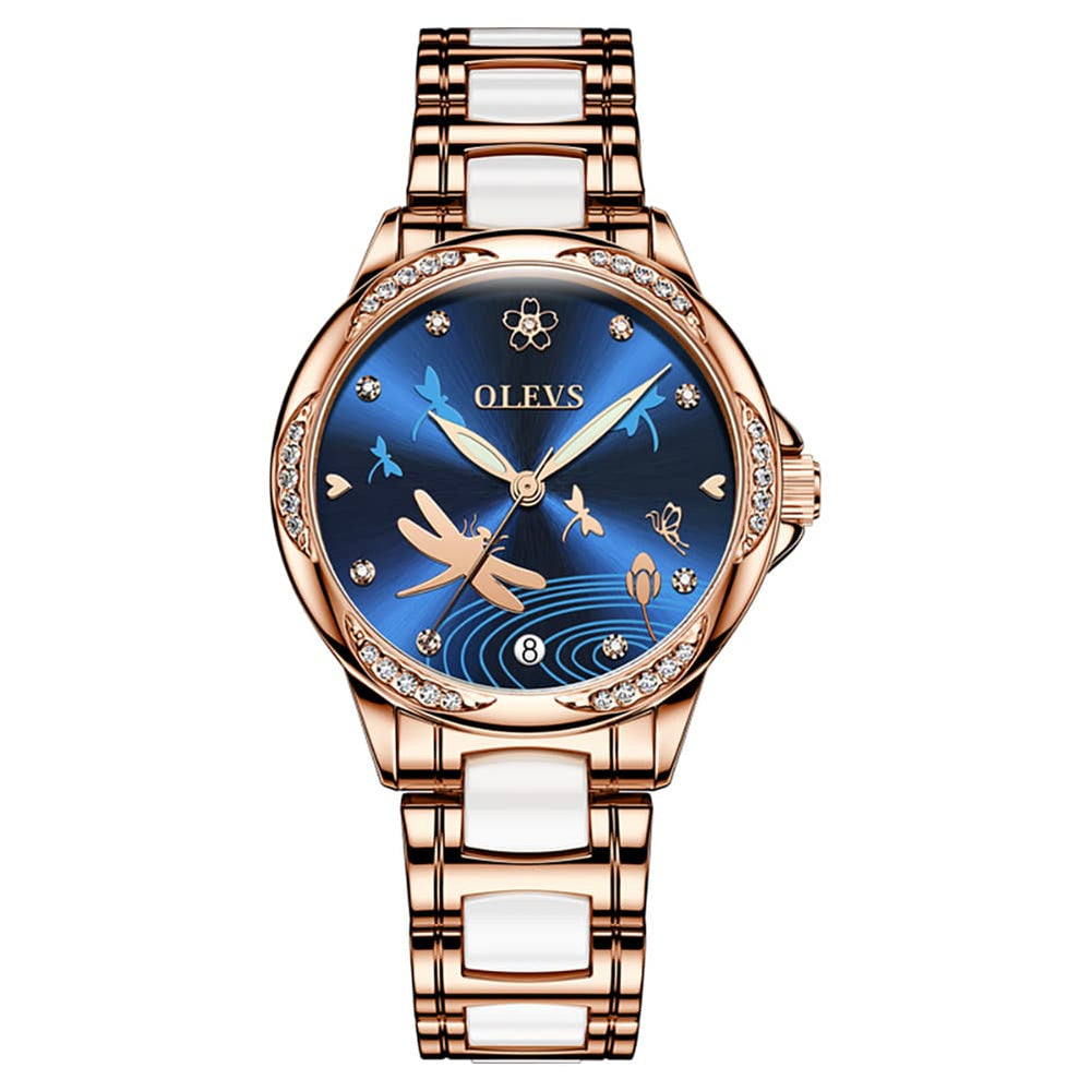 OLEVS 6610 Automatic Mechanical Ceramic Dragonfly Watch for Women - Rose Gold Red Watch | Olevs Watch Store