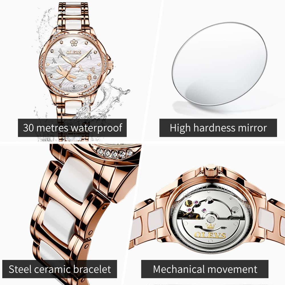 OLEVS 6610 Automatic Mechanical Ceramic Dragonfly Watch for Women - Rose Gold Red Watch | Olevs Watch Store