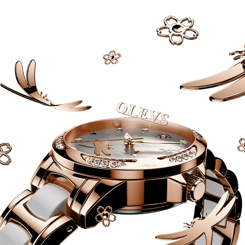 OLEVS 6610 Automatic Mechanical Ceramic Dragonfly Watch for Women - Rose Gold Red Watch | Olevs Watch Store
