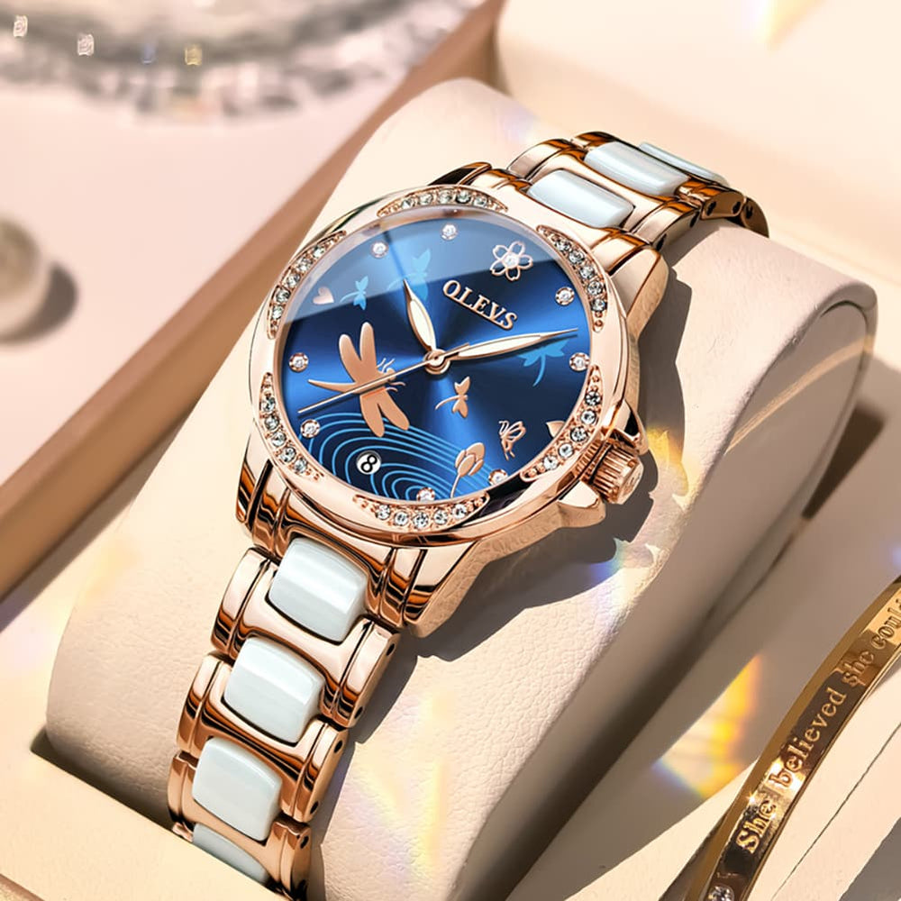 OLEVS 6610 Automatic Mechanical Ceramic Dragonfly Watch for Women - Rose Gold Red Watch | Olevs Watch Store