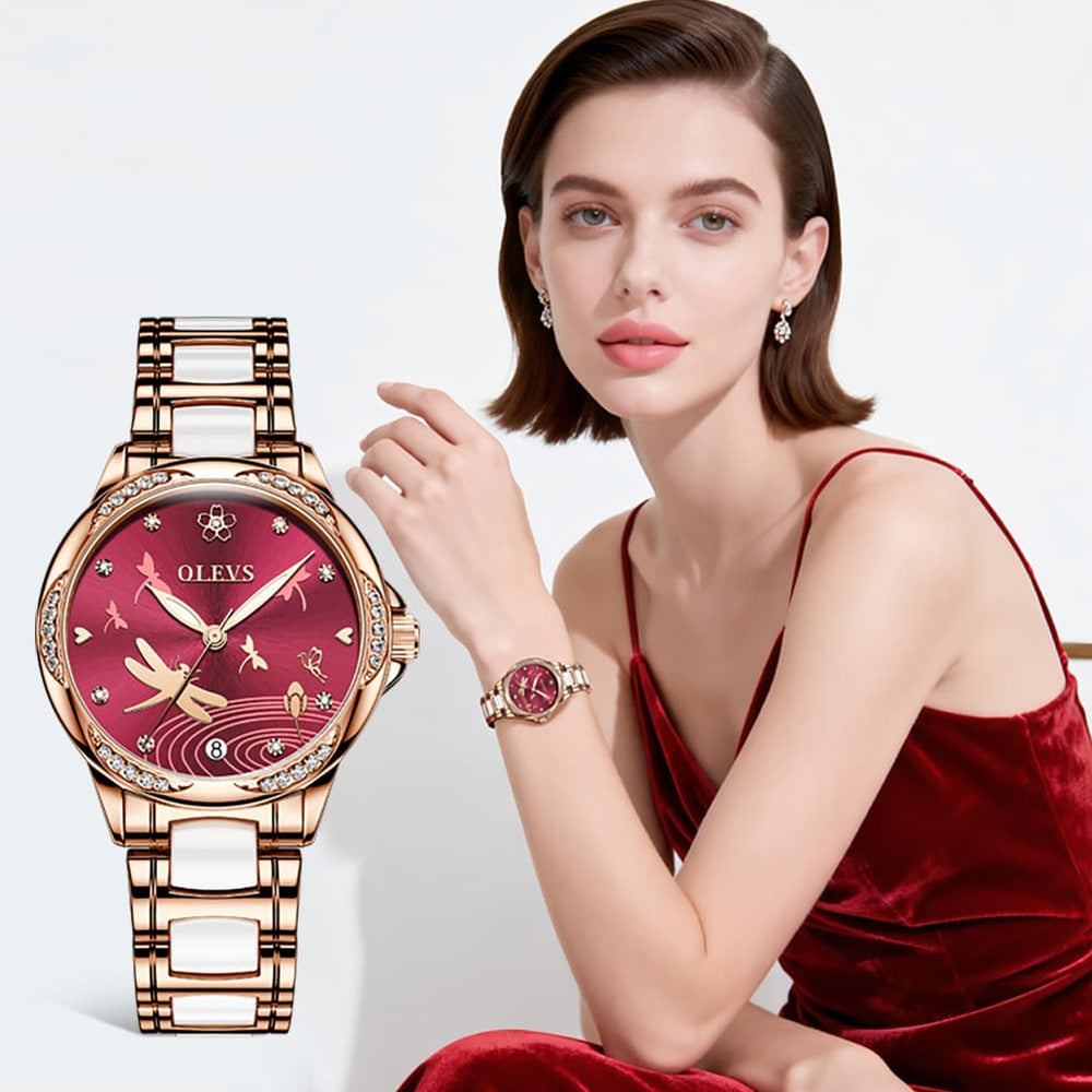 OLEVS 6610 Automatic Mechanical Ceramic Dragonfly Watch for Women - Rose Gold Red Watch | Olevs Watch Store