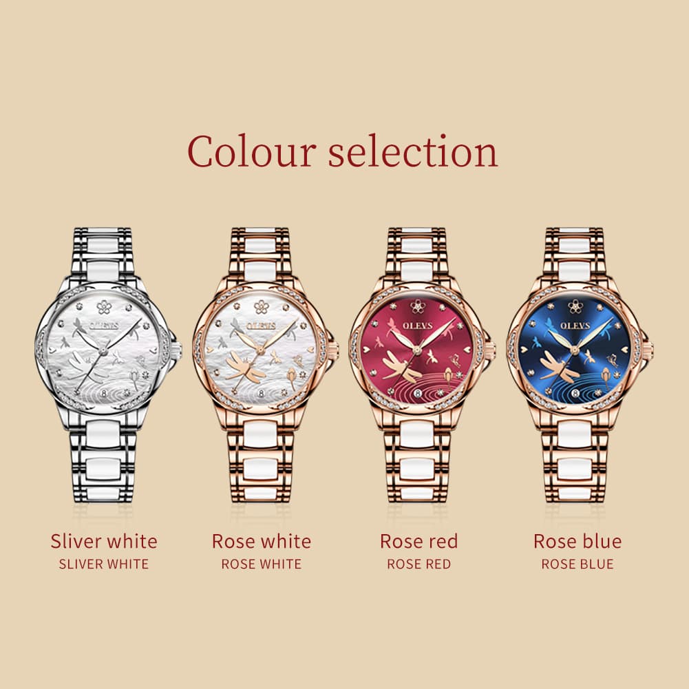 OLEVS 6610 Automatic Mechanical Ceramic Dragonfly Watch for Women - Rose Gold Red Watch | Olevs Watch Store