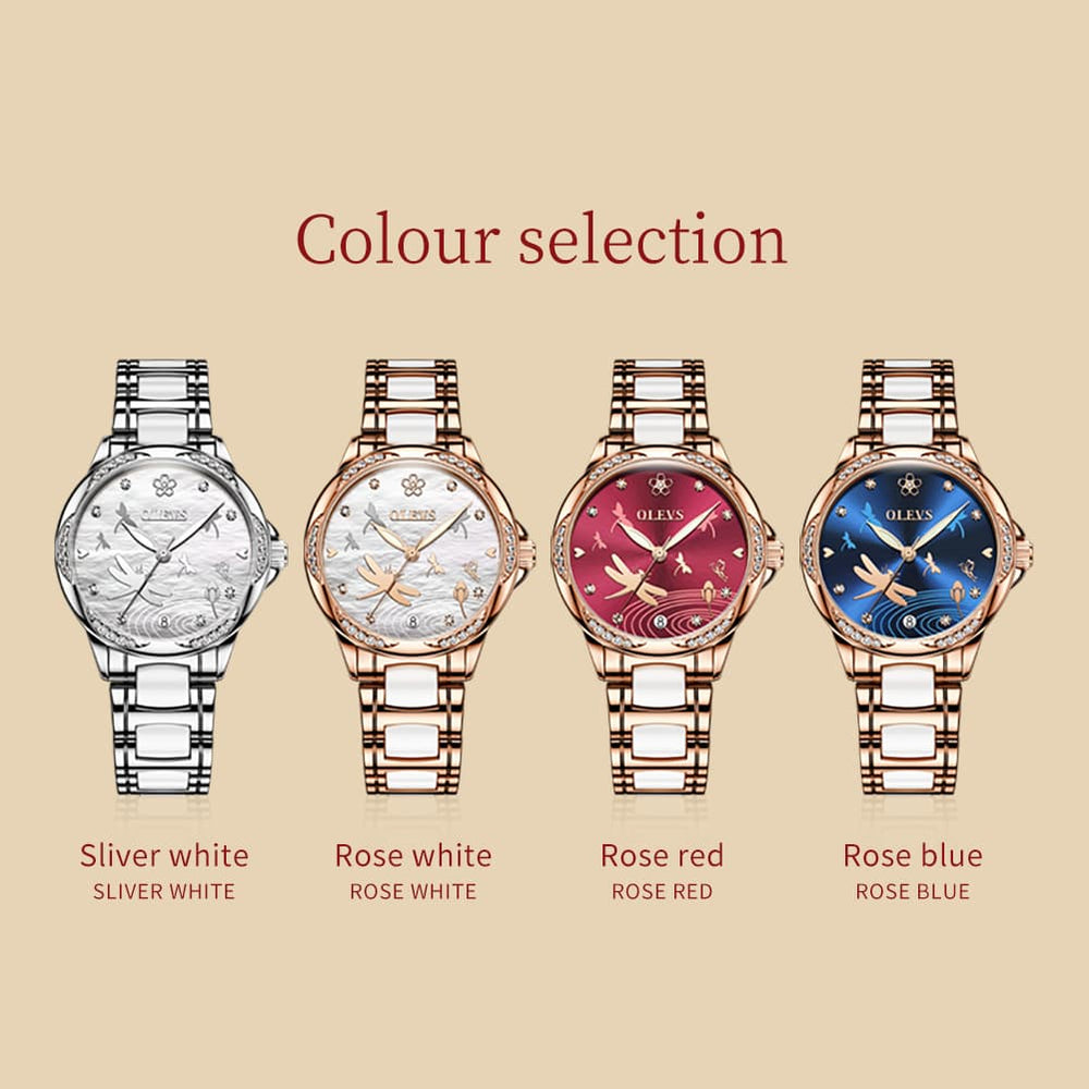 OLEVS 6610 Automatic Mechanical Ceramic Dragonfly Watch for Women - Rose Gold Red Watch | Olevs Watch Store