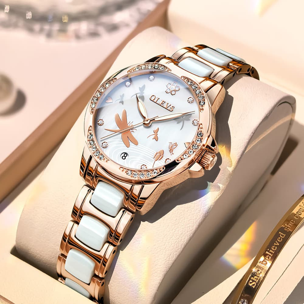 OLEVS 6610 Automatic Mechanical Ceramic Dragonfly Watch for Women - Rose Gold Red Watch | Olevs Watch Store