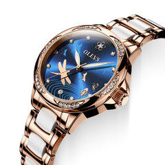 OLEVS 6610 Automatic Mechanical Ceramic Dragonfly Watch for Women - Rose Gold Blue Watch | Olevs Watch Store