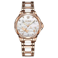 OLEVS 6610 Automatic Mechanical Ceramic Dragonfly Watch for Women - Rose Gold White Watch | Olevs Watch Store