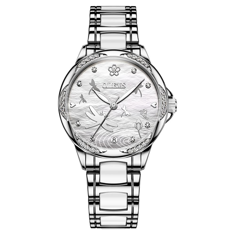 OLEVS 6610 Automatic Mechanical Ceramic Dragonfly Watch for Women - Silver White Watch | Olevs Watch Store