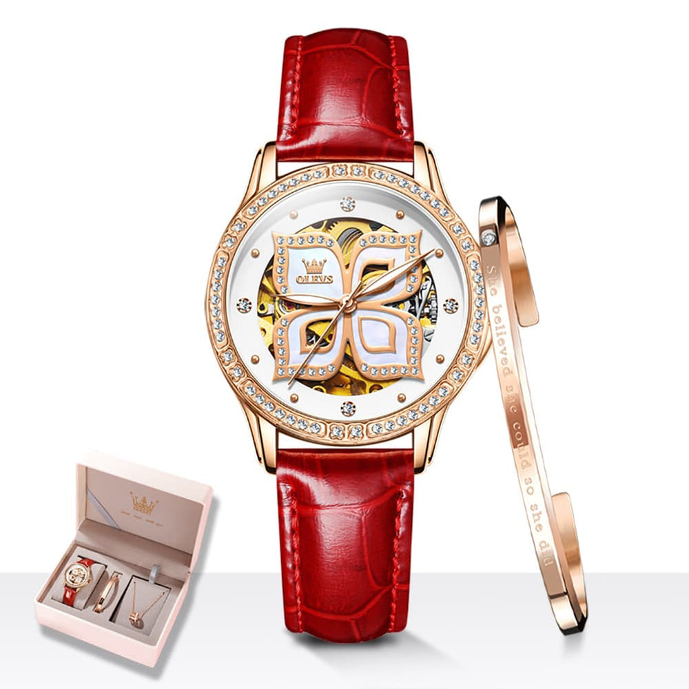 OLEVS 6612 Automatic Skeleton Four Leaf Clover Watch Set for Women - Rose Gold Red Leather Set Watch | Olevs Watch Store