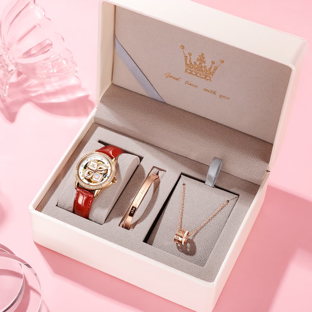 OLEVS 6612 Automatic Skeleton Four Leaf Clover Watch Set for Women - Rose Gold Red Leather Set Watch | Olevs Watch Store