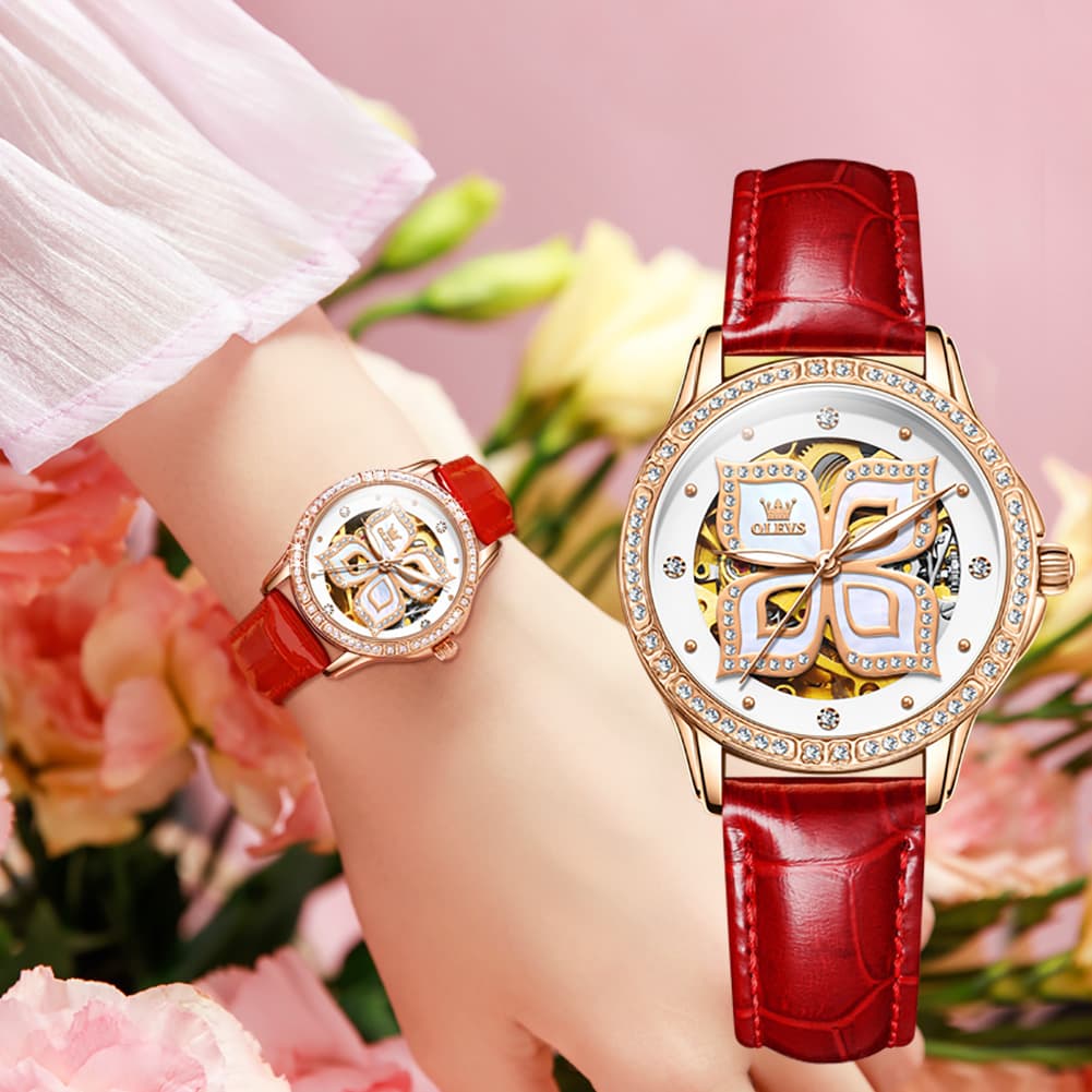 OLEVS 6612 Automatic Skeleton Four Leaf Clover Watch Set for Women - Rose Gold Red Leather Set Watch | Olevs Watch Store