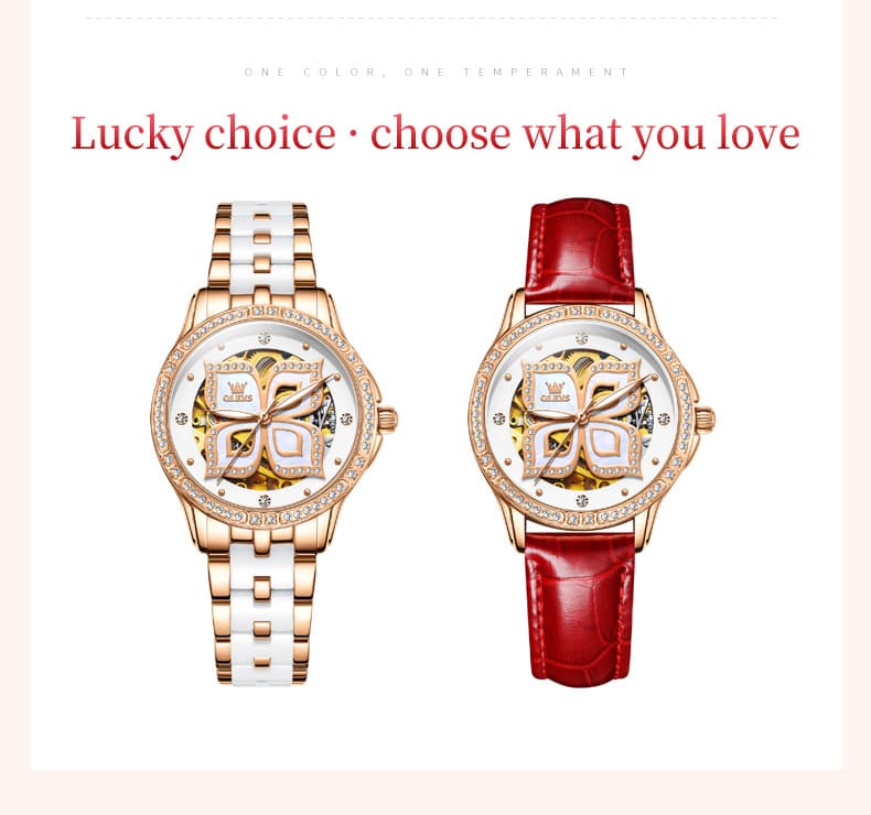 OLEVS 6612 Automatic Skeleton Four Leaf Clover Watch Set for Women - Rose Gold Red Leather Set Watch | Olevs Watch Store